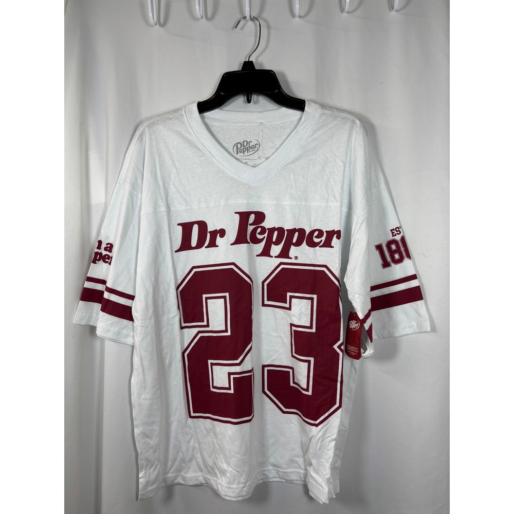 Dr Pepper Womens Graphic Jersey T-Shirt White Maroon V-Neck Size M New NWT